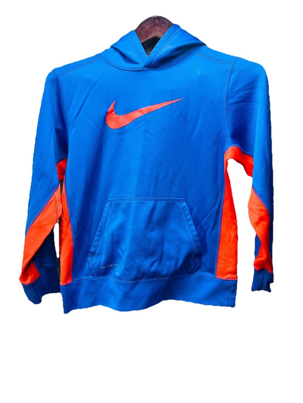 Nike Therma Fit Boys Blue Orange Hoodie Sweatshirt Size Youth Large Athletic